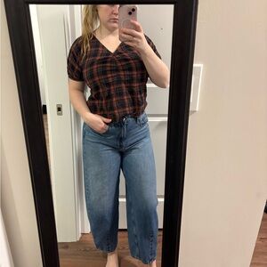Madewell Plaid V-Neck Blouse in Black and Orange